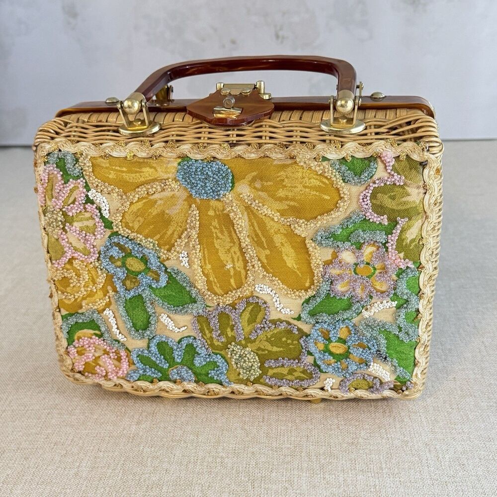 Vintage 1960s Tropic Miami Wicker Purse Lucite Handle Beaded Floral Handbag